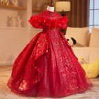 Fashion embroidered sequins children's dress red dress, piano stage performance dance girl evening dress