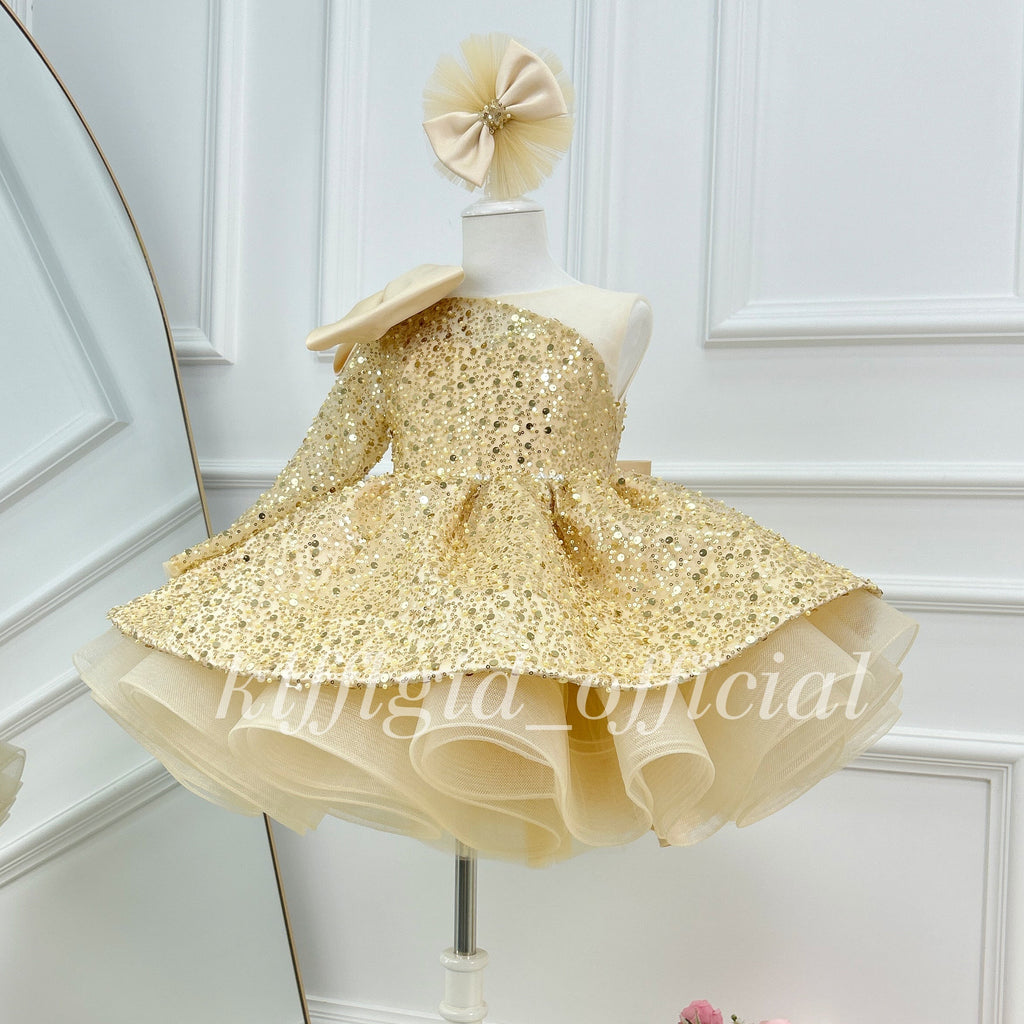 Luxury Gold Sequin Pageant Gown asymmetrical Prom Dress | KLFFLGID