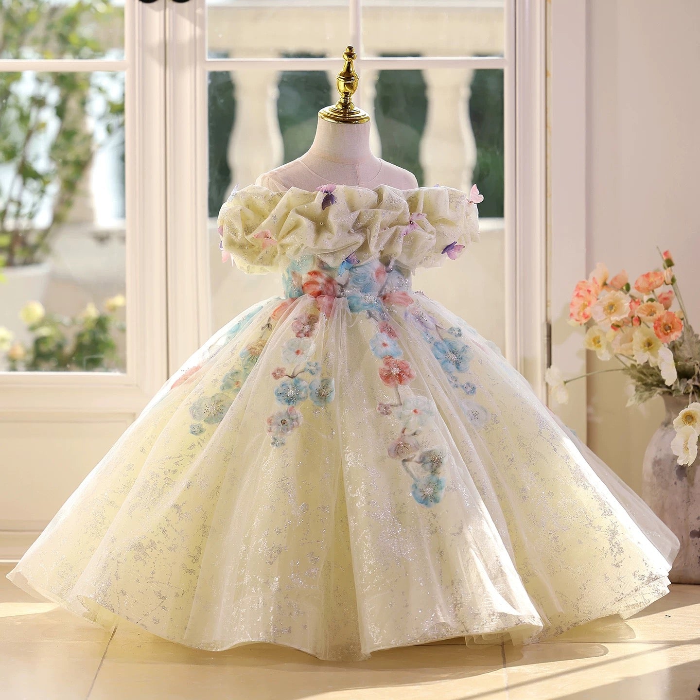 New style butterfly one shoulder girls dress, wedding flower mesh dress, birthday party baby dress, Girls Match Pageant Dress