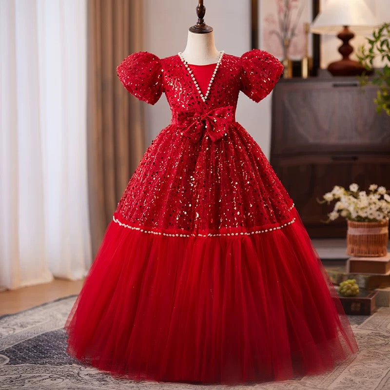 Red dress, party girl evening dress, bow party girl dress, girl pageant dress, birthday party girl princess dress