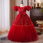 Red dress, party girl evening dress, bow party girl dress, girl pageant dress, birthday party girl princess dress