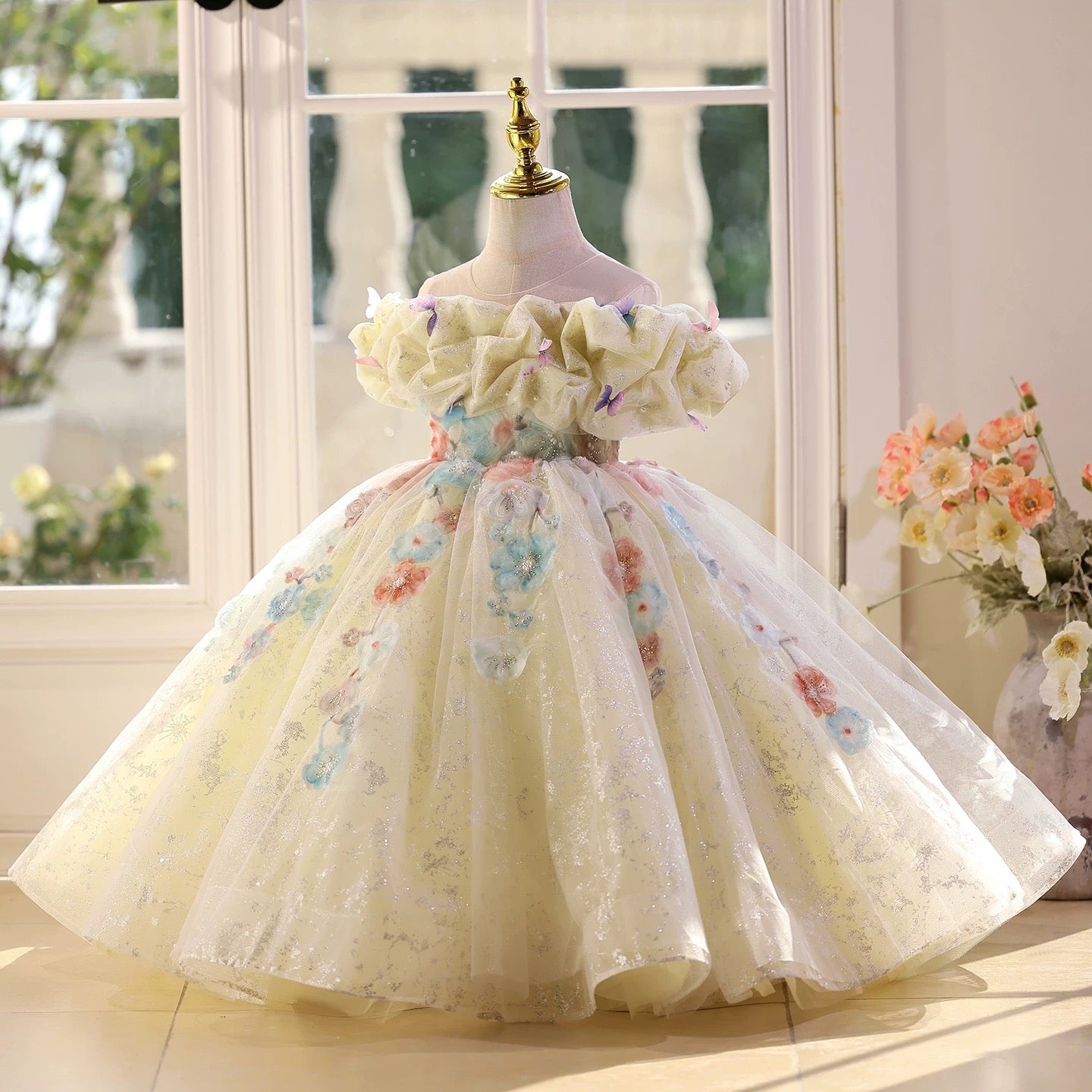New style butterfly one shoulder girls dress, wedding flower mesh dress, birthday party baby dress, Girls Match Pageant Dress