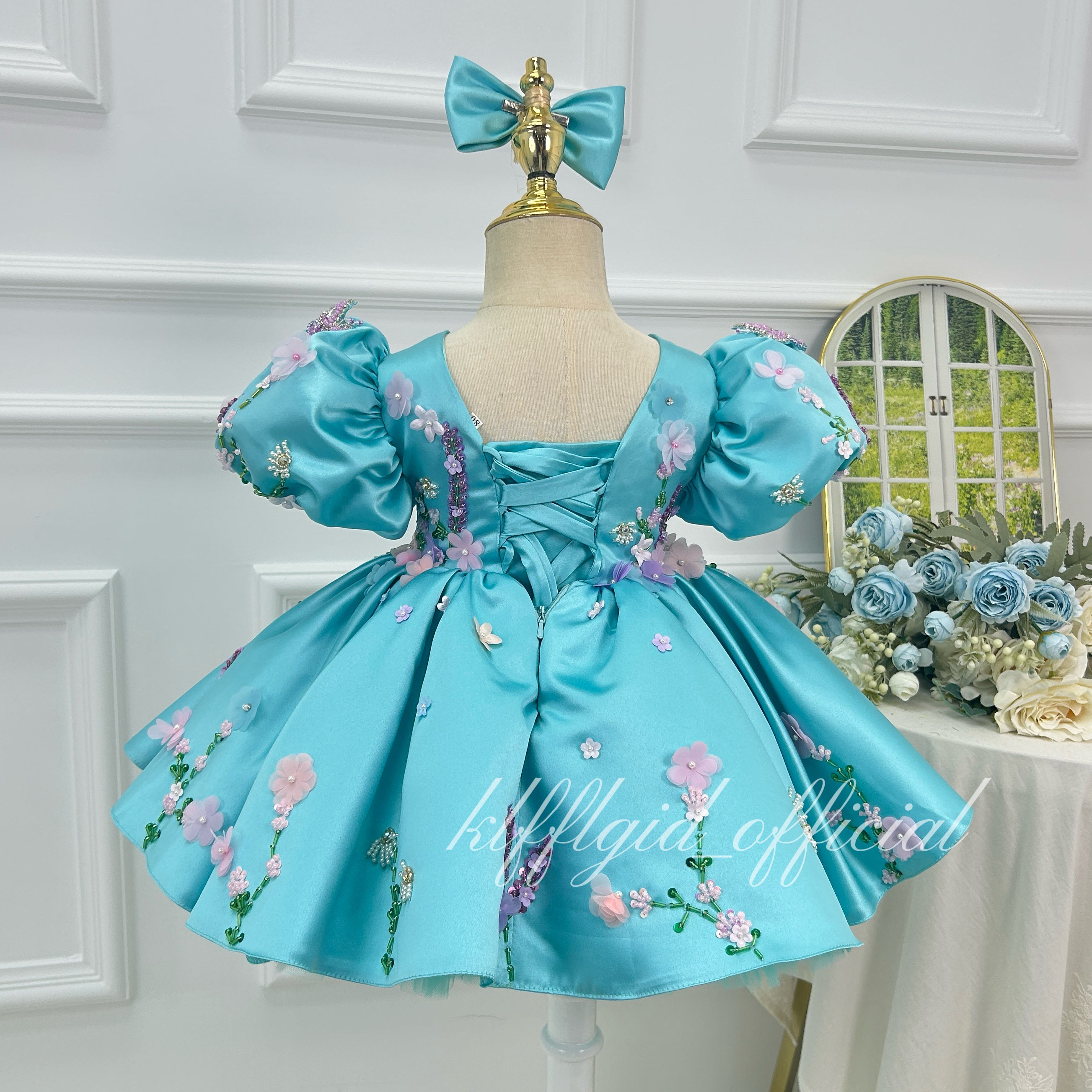 Turquoise Satin Butterfly Floral Tutu Party Dress | KLFFIGID
