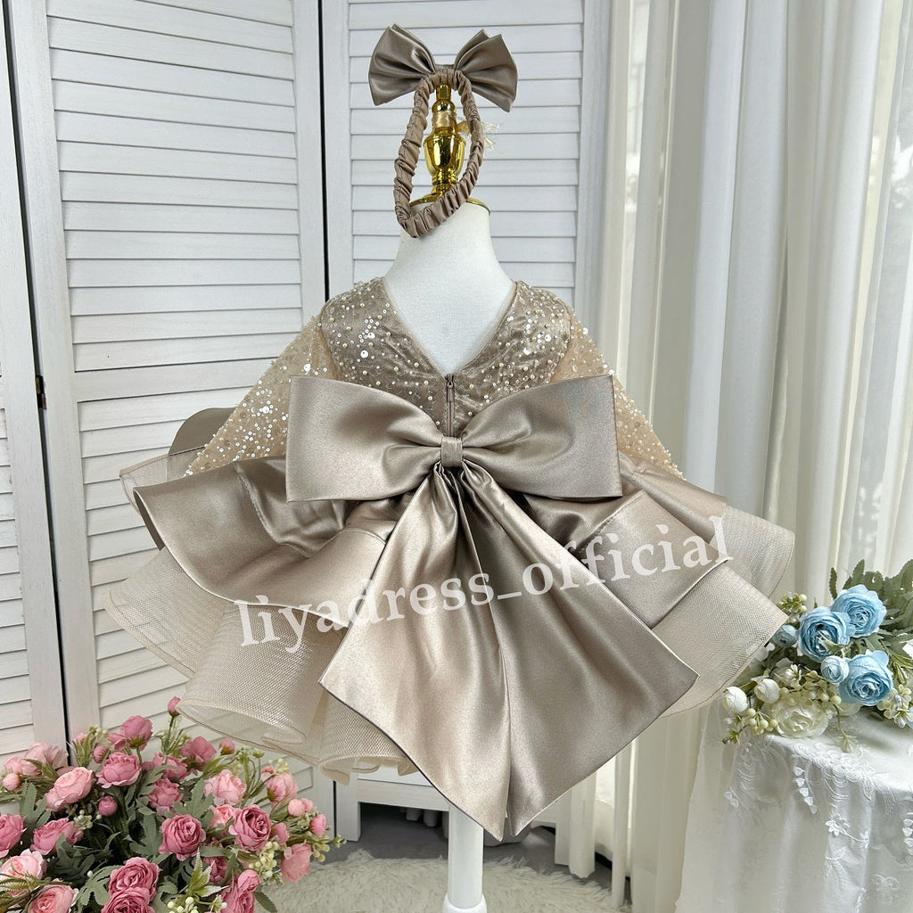 Satin Sequin Big Bow Fluffy Girls Birthday Princess Dress | KLFFIGID