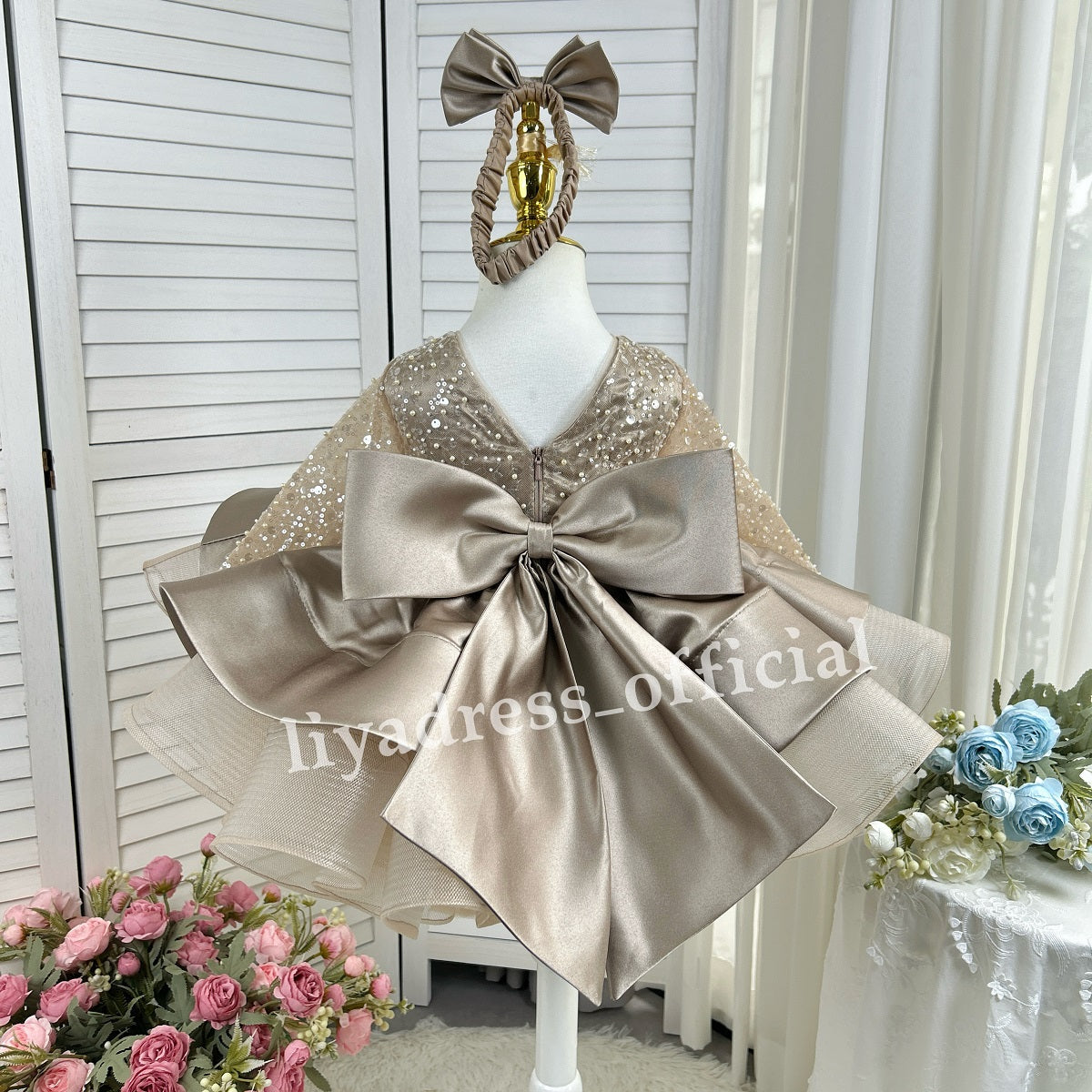 Satin Sequin Big Bow Fluffy Girls Birthday Princess Dress | KLFFIGID