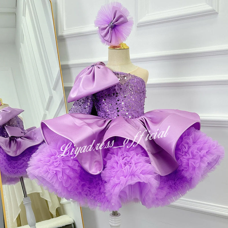 One-Shoulder Mesh Fluffy Stage Performance Dress for Girls | KLFFIGID