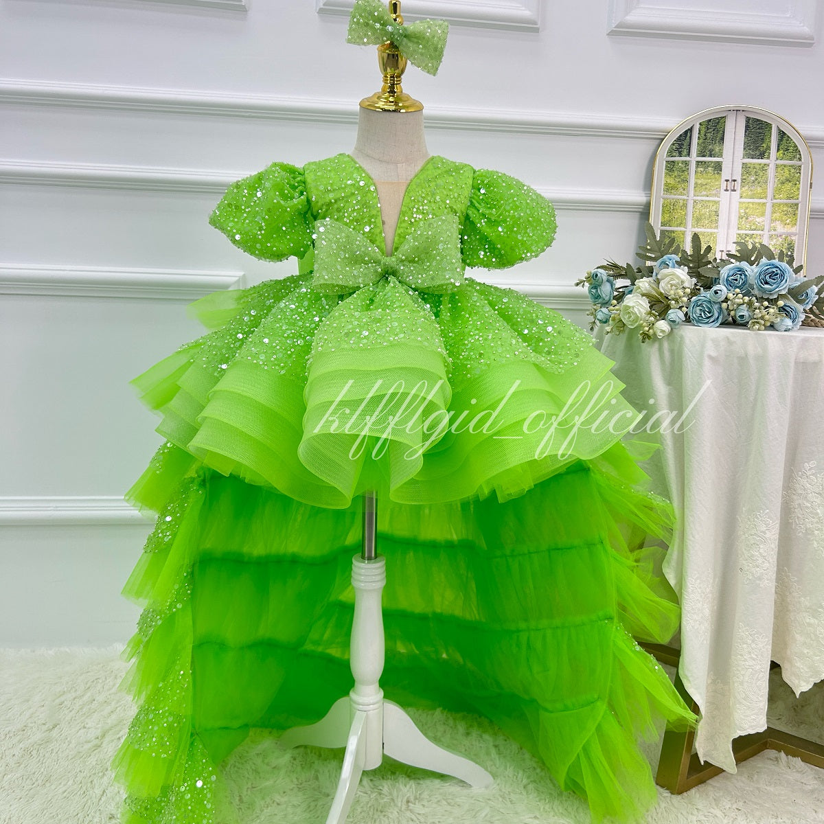 girl formal dress Sparkly short-sleeve princess gown for kids｜KLFFIGID