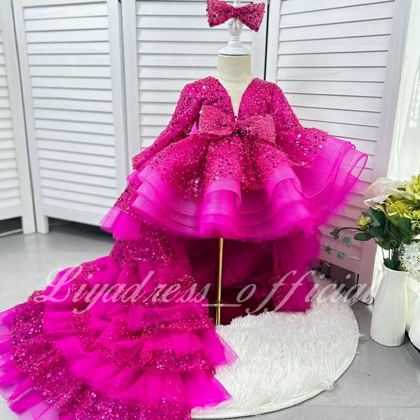 Cute Sequin Mesh Tiered Princess Dress with Train | KLFFIGID