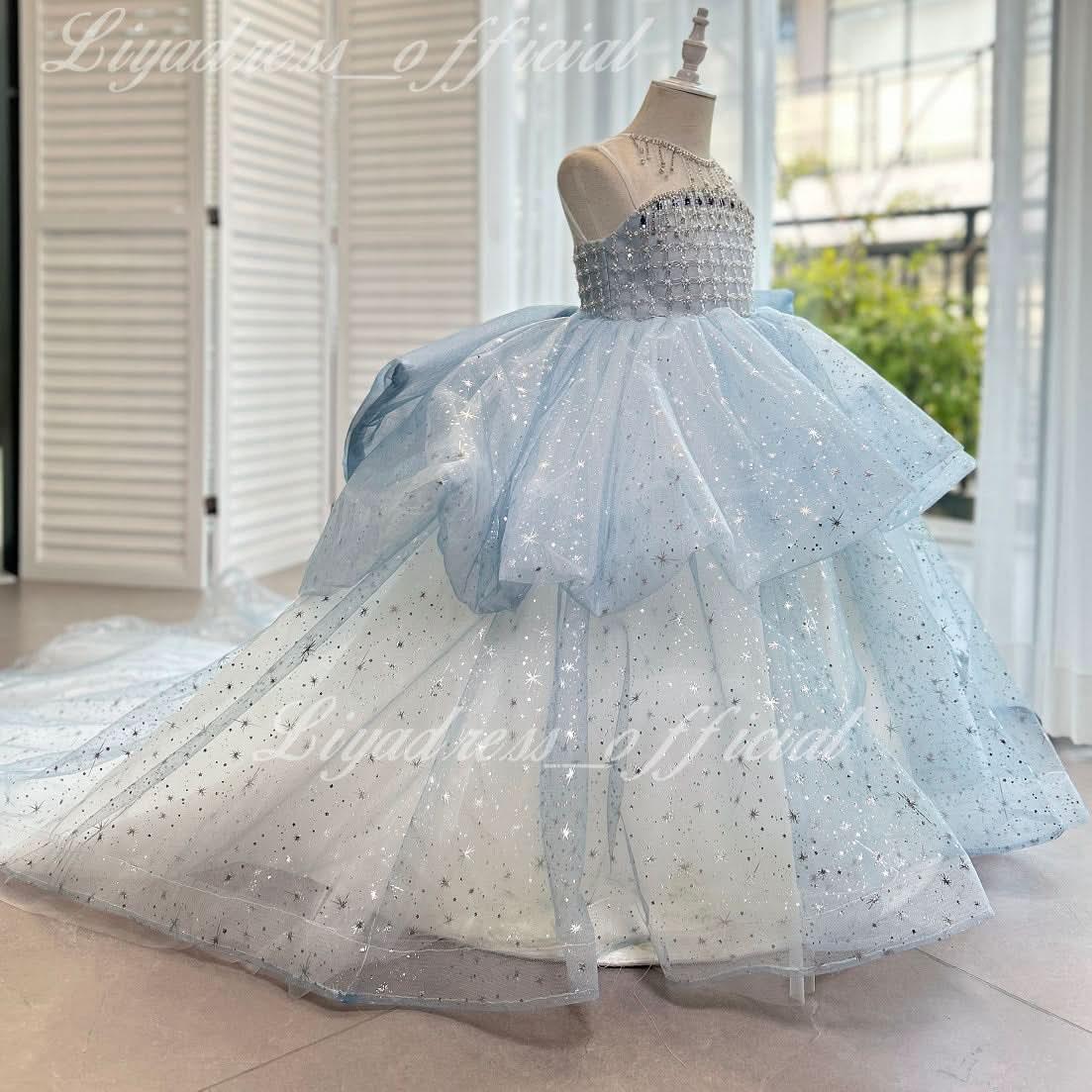 Girls wedding dress, flower girl evening dress tail big bow mesh girl princess dress