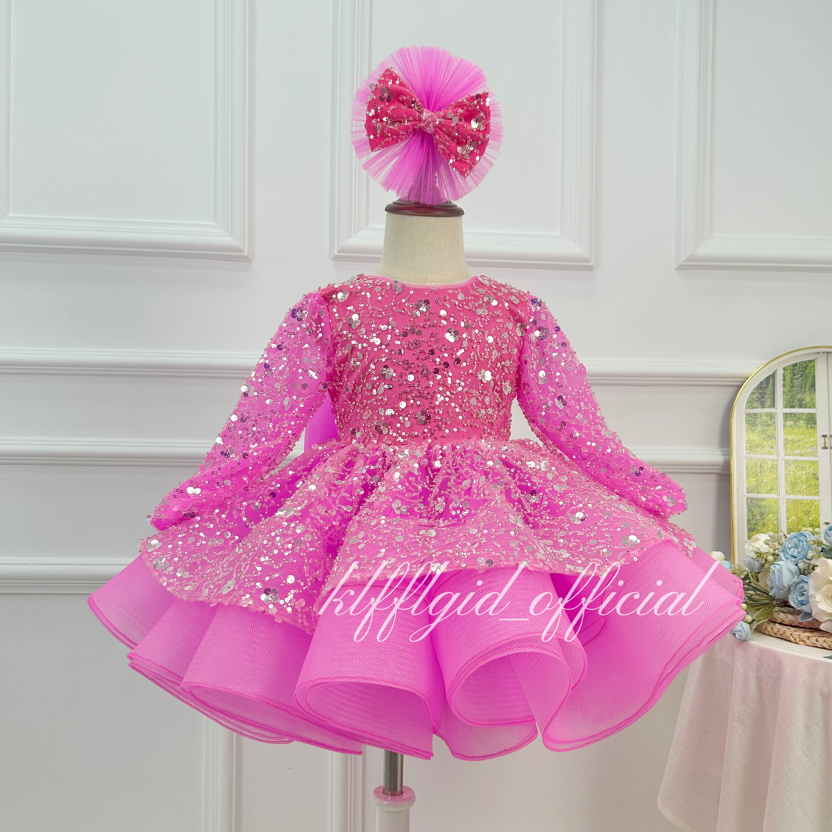 Baby First Birthday & Wedding Flower Girl Dress with Bow Sequins | KLFFIGID
