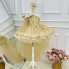 Luxury Gold Sequin Pageant Gown asymmetrical Prom Dress | KLFFLGID