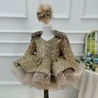 Toddler Girls Sequin Bow Long Sleeve Tulle Princess Birthday Party Dress | KLFFLGID