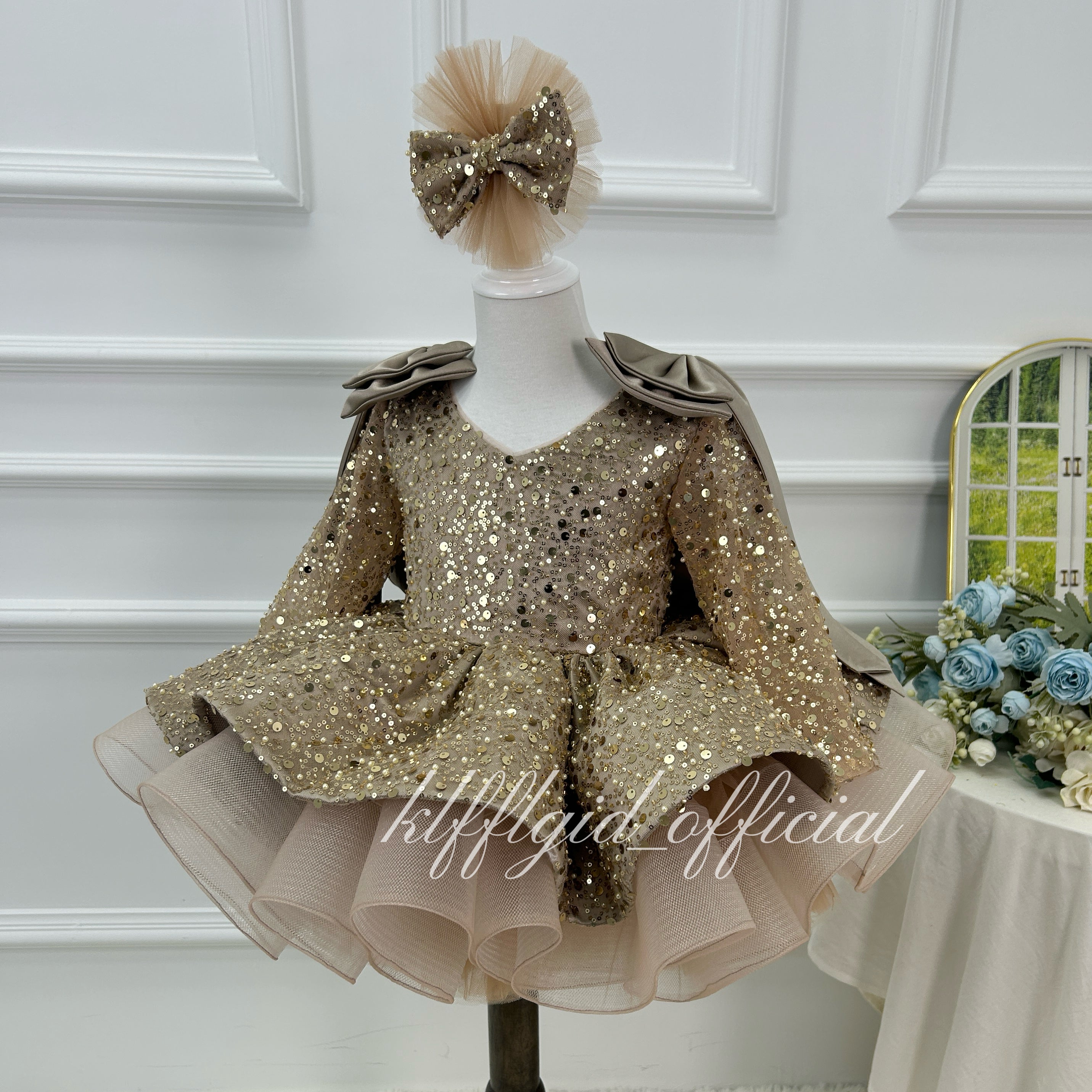Toddler Girls Sequin Bow Long Sleeve Tulle Princess Birthday Party Dress | KLFFLGID