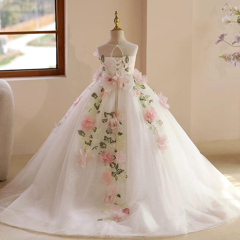 3-12 years old wedding flower girl trailing elegant flower mesh girl evening dress