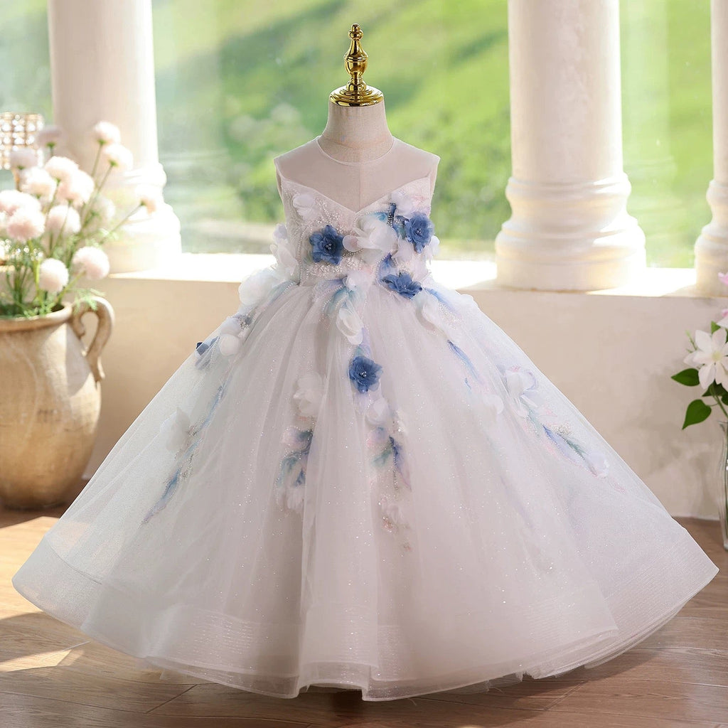 0-12 years old girls long dress, floral mesh wedding dress, birthday party, banquet, special occasion dress, girl princess dress