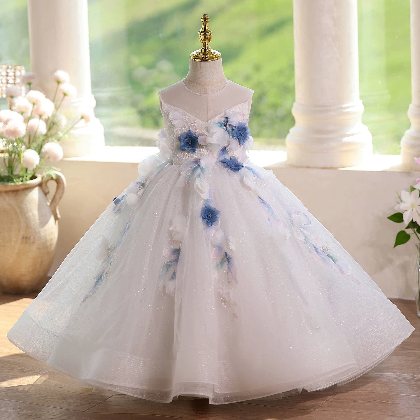 0-12 years old girls long dress, floral mesh wedding dress, birthday party, banquet, special occasion dress, girl princess dress