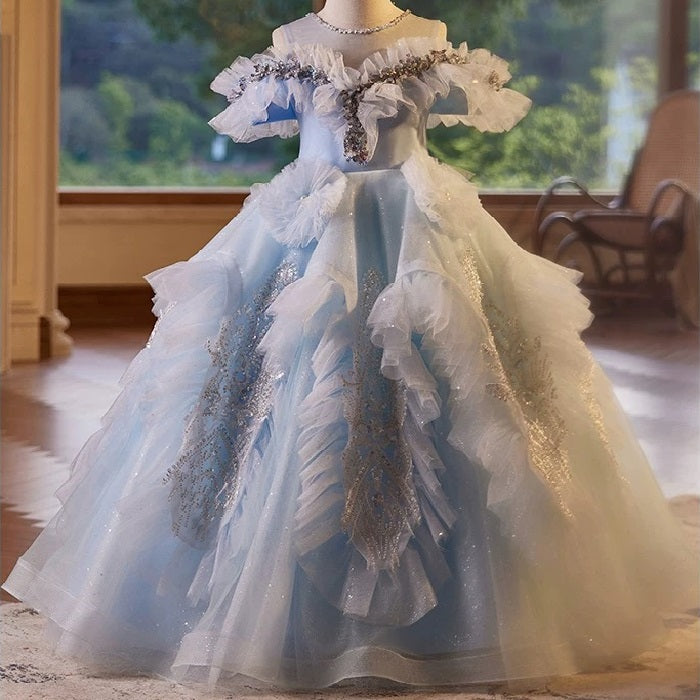 CEmbroidered sequins children's maxi dress, princess birthday party evening dress, blue dress