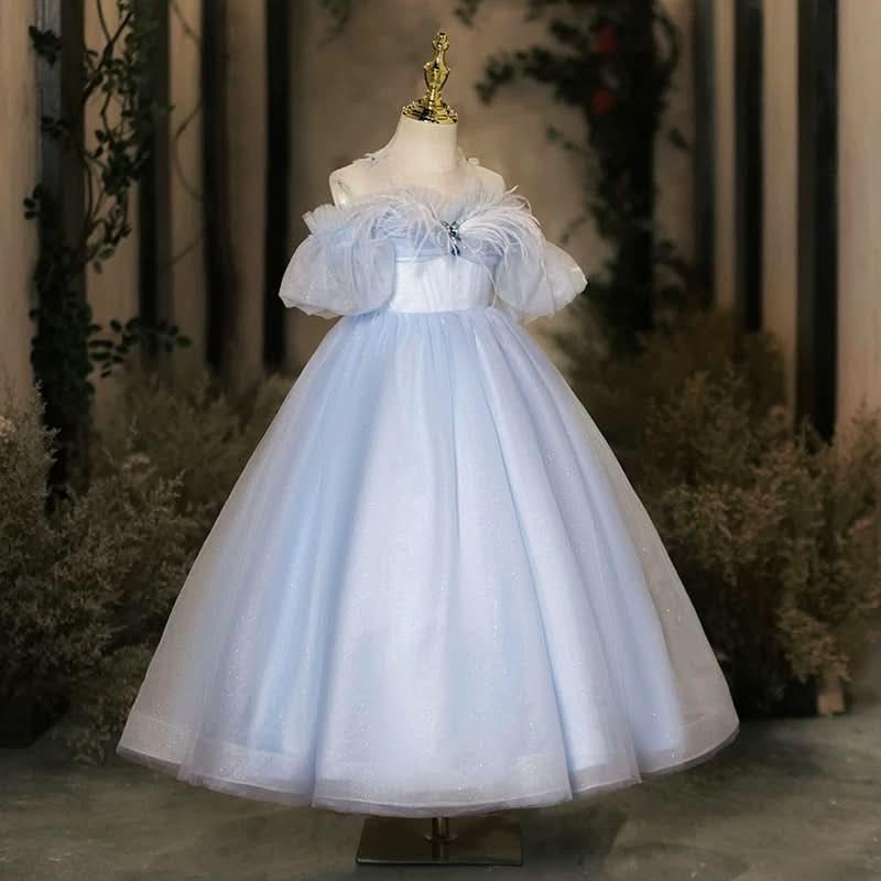 Violin Stage Performance Feather Mesh Elegant Girls Evening Dress