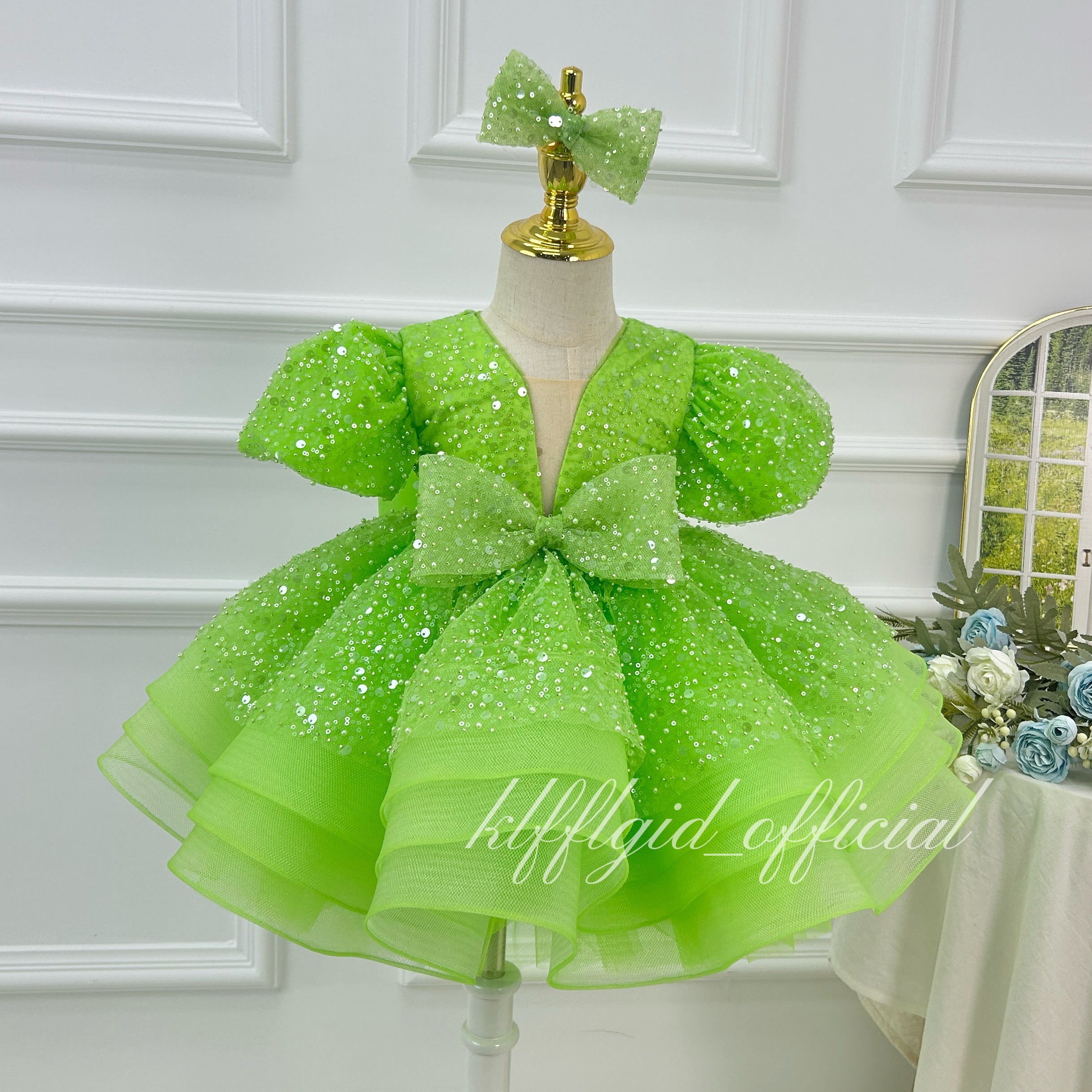 girl formal dress Sparkly short-sleeve princess gown for kids｜KLFFIGID
