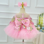 3D Floral Long-Sleeve Tulle Princess Dress for Flower Girls | KLFFIGID