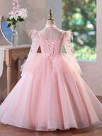 Embroidered long-sleeved girl's princess dress, ball gown/party evening dress, cute pink mesh dress for girls.