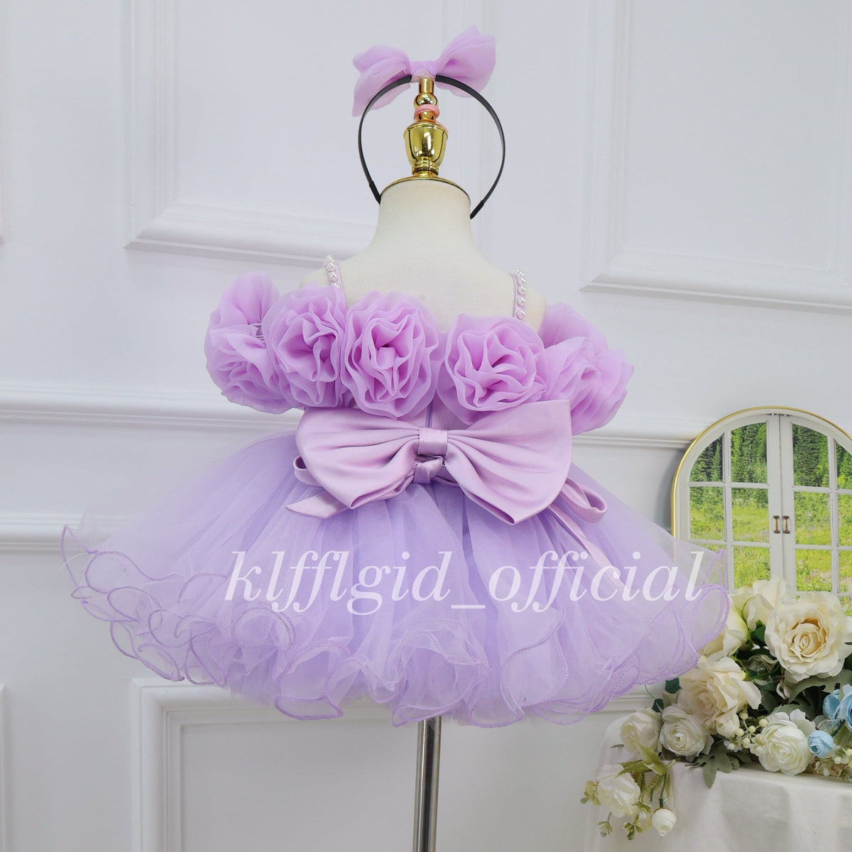 First Birthday Dress Wedding Flower Girl Dress Elegant Satin Puff Sleeve Party Gown｜KLFFIGID