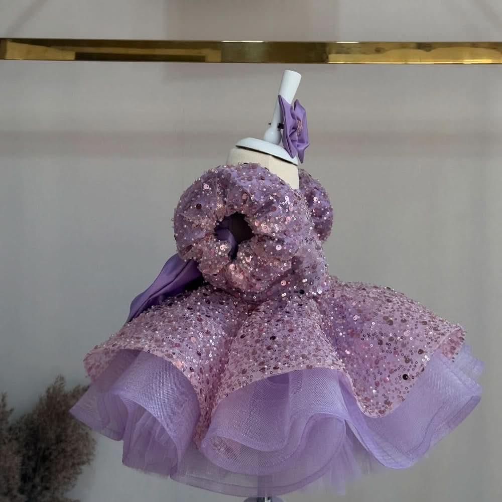 Pink Sequined Puff Sleeve Cascading Ruffle Girls Princess Dress | KLFFIGID