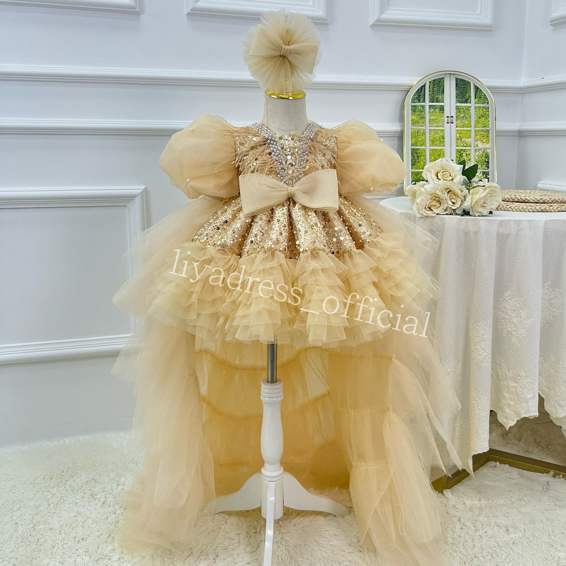 Sequin Flower Girl Dress with Train & Puff Sleeves | KLFFIGID