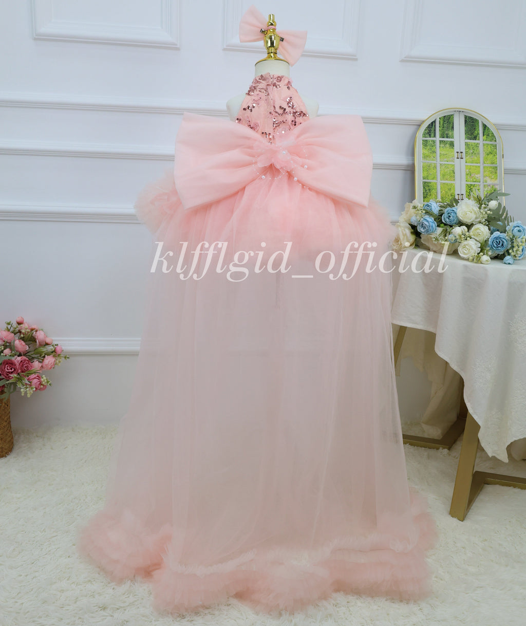 Baby Girl High Neck Sequin Birthday Flower Girl Dress with Train | KLFFLGID