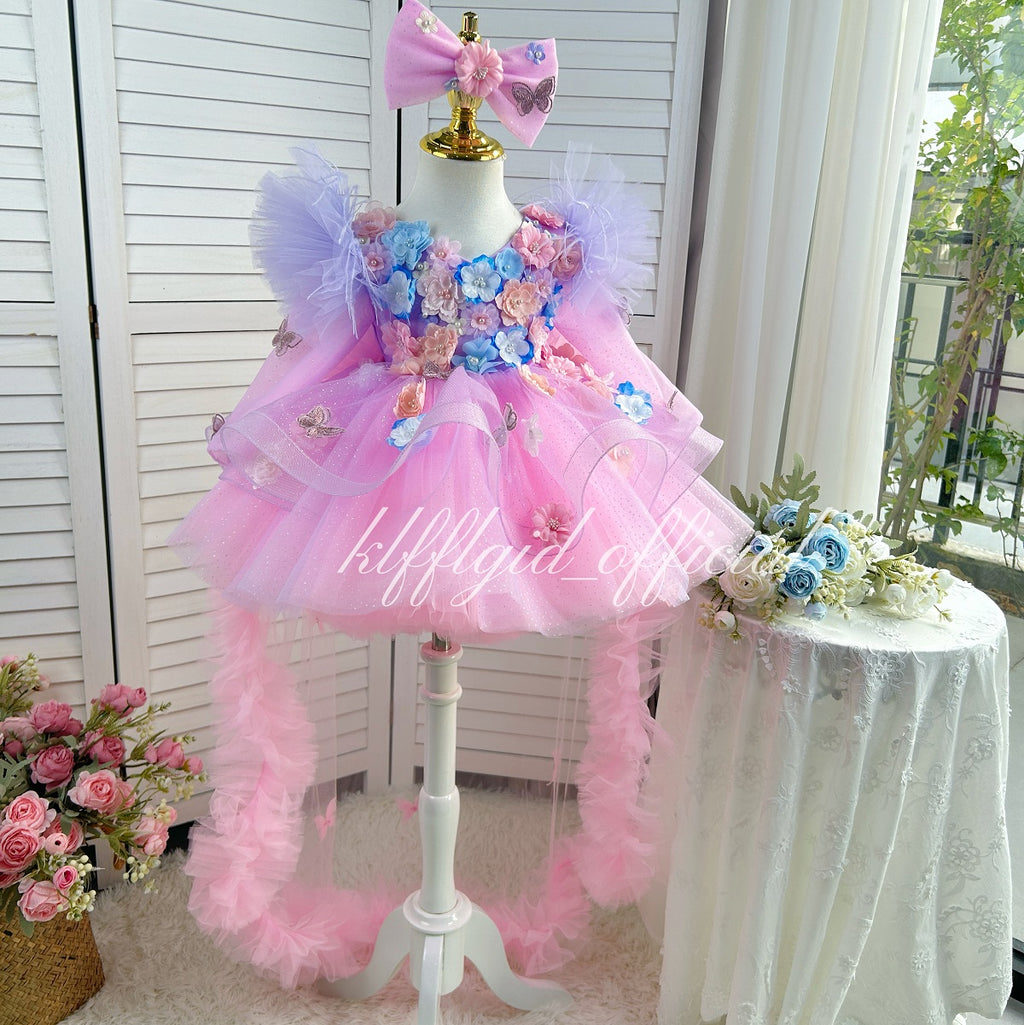 Fluffy Purple Birthday Party Baby Dress with Floral Details | KLFFIGID