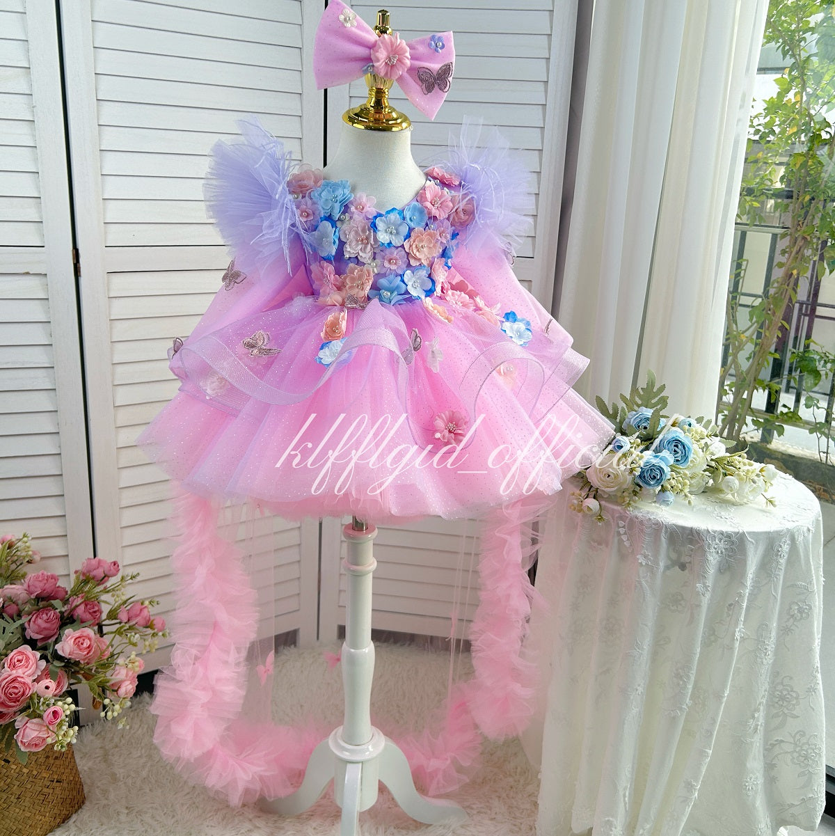 Fluffy Purple Birthday Party Baby Dress with Floral Details | KLFFIGID