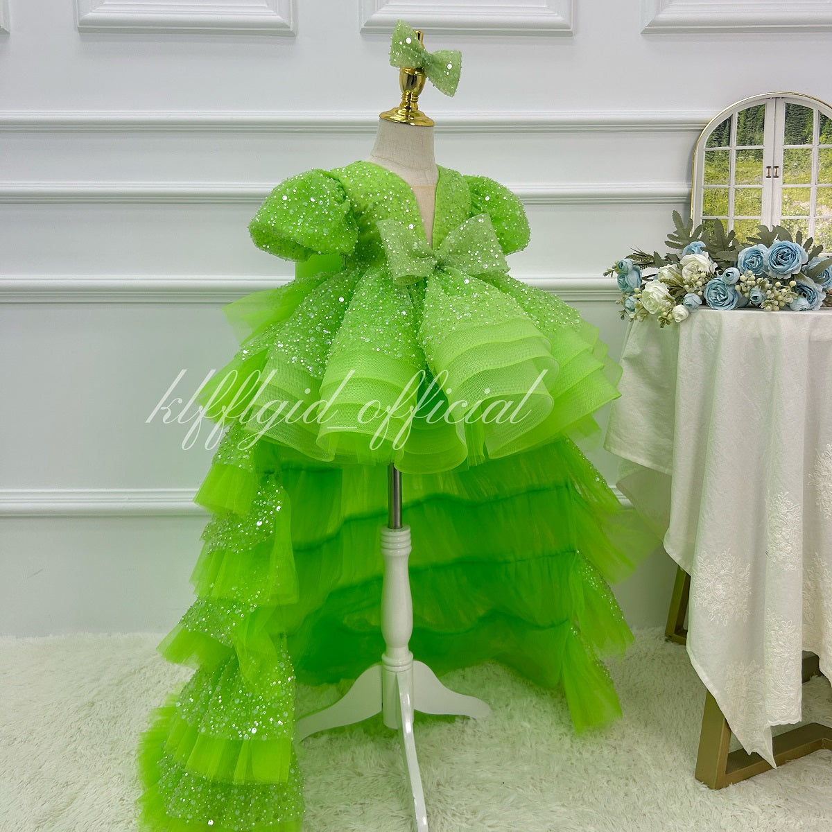 girl formal dress Sparkly short-sleeve princess gown for kids｜KLFFIGID