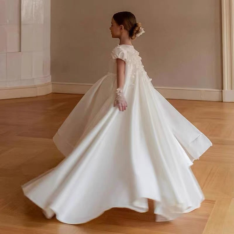 Elegant high-end wedding dress, children's dress, birthday party banquet tail girl dress, baby girl pageant dress