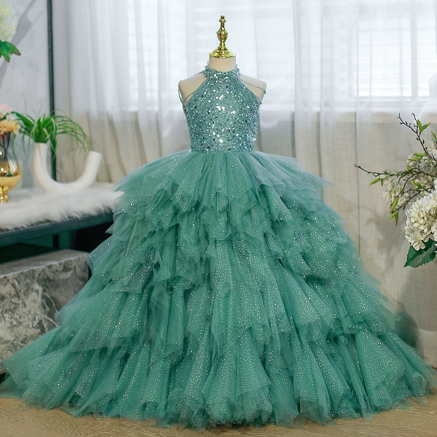 3-12 years old sequined elegant girl's dress with train, stage performance evening dress, birthday party girl princess dress girl pageant dress