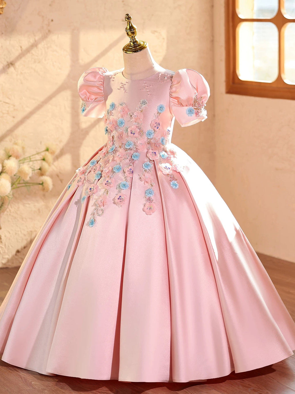 Kids Girls Satin Flower Princess Dress Flower Decor Summer Casual Birthday Wedding Party Dresses Girls