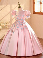 Kids Girls Satin Flower Princess Dress Flower Decor Summer Casual Birthday Wedding Party Dresses Girls