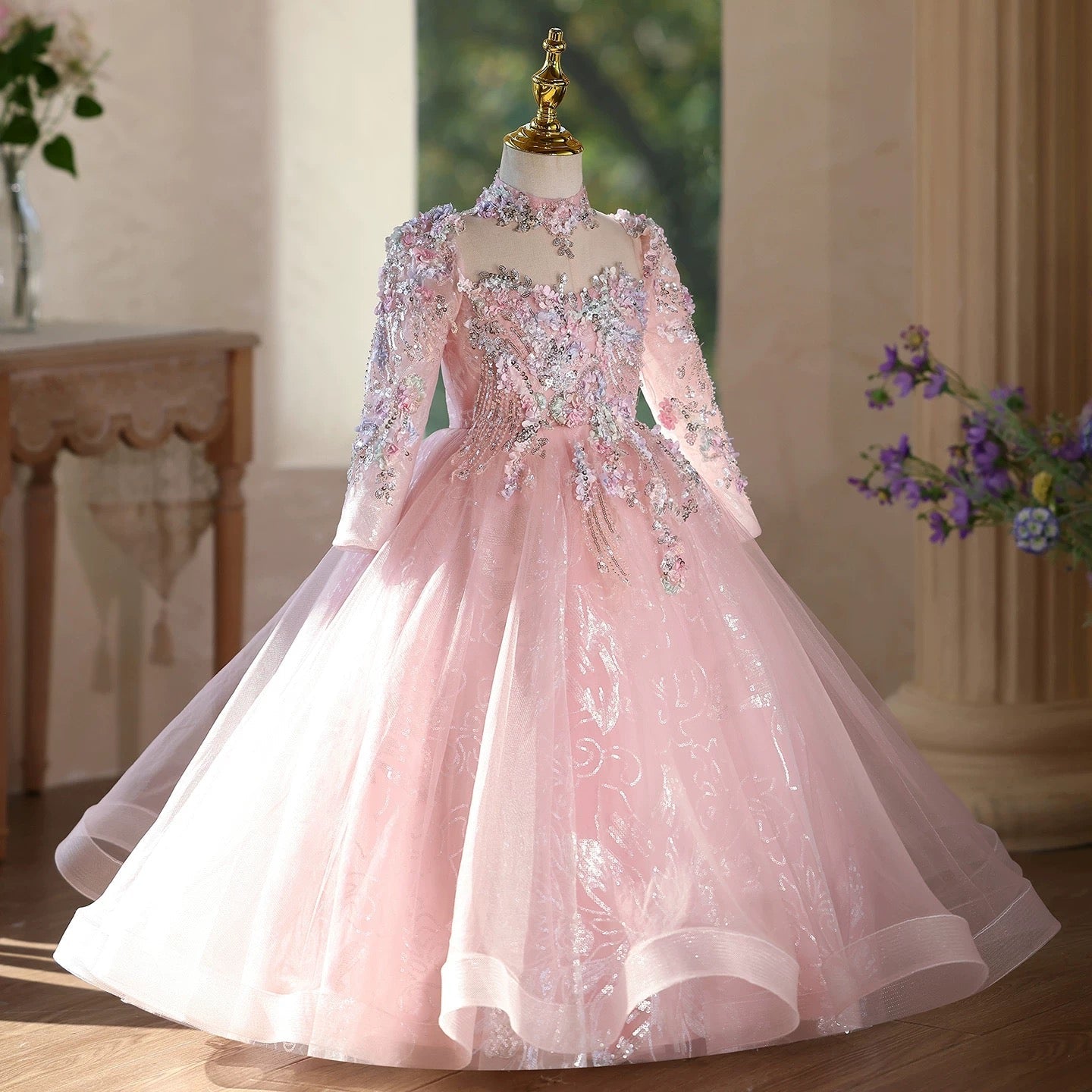 Girls long sequined long sleeve princess dress fashionable luxury birthday catwalk dress School ceremony girls princess dress