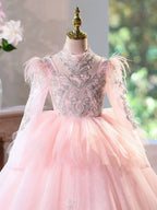 Embroidered long-sleeved girl's princess dress, ball gown/party evening dress, cute pink mesh dress for girls.