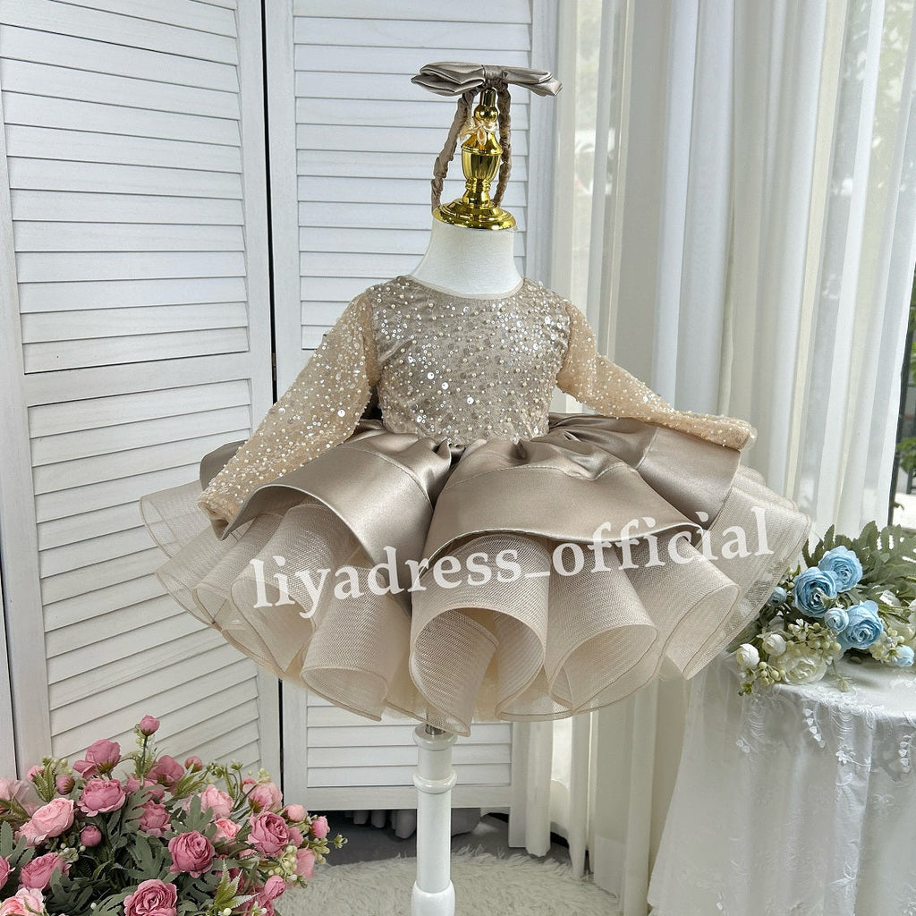 Satin Sequin Big Bow Fluffy Girls Birthday Princess Dress | KLFFIGID