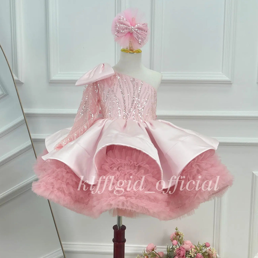 Girls Pink Satin Princess Dress with Sequin One Shoulder Bodice｜KLFFLGID