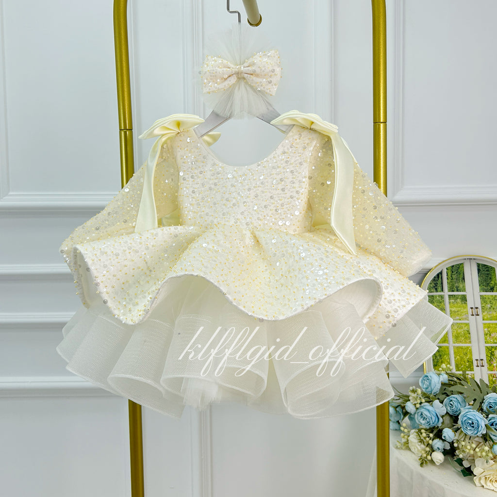 Toddler Girls Sequin Bow Long Sleeve Tulle Princess Birthday Party Dress | KLFFLGID