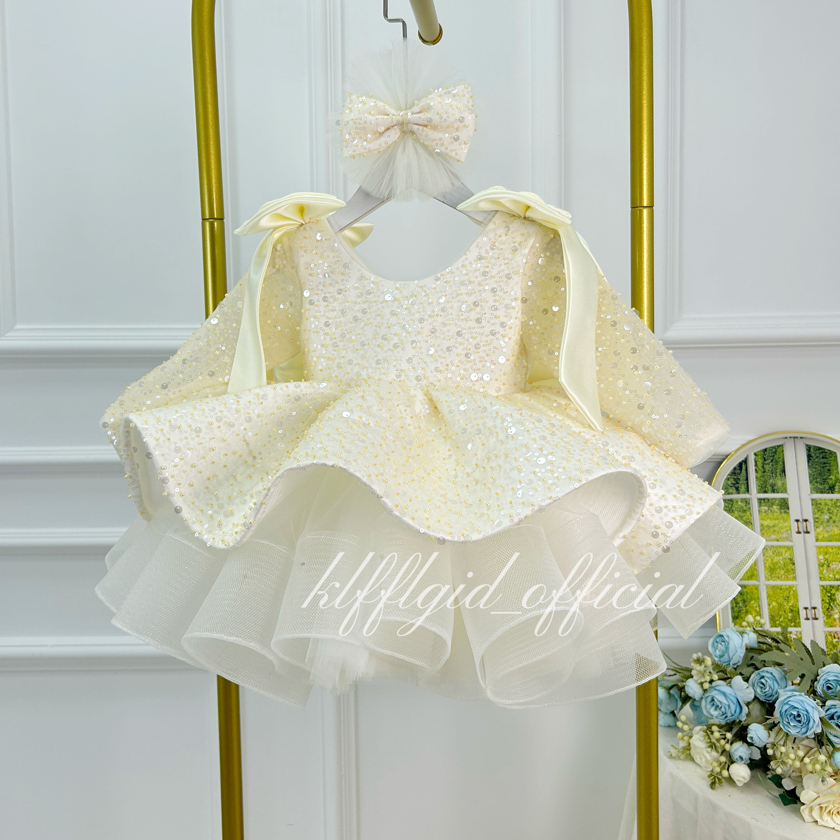 Toddler Girls Sequin Bow Long Sleeve Tulle Princess Birthday Party Dress | KLFFLGID