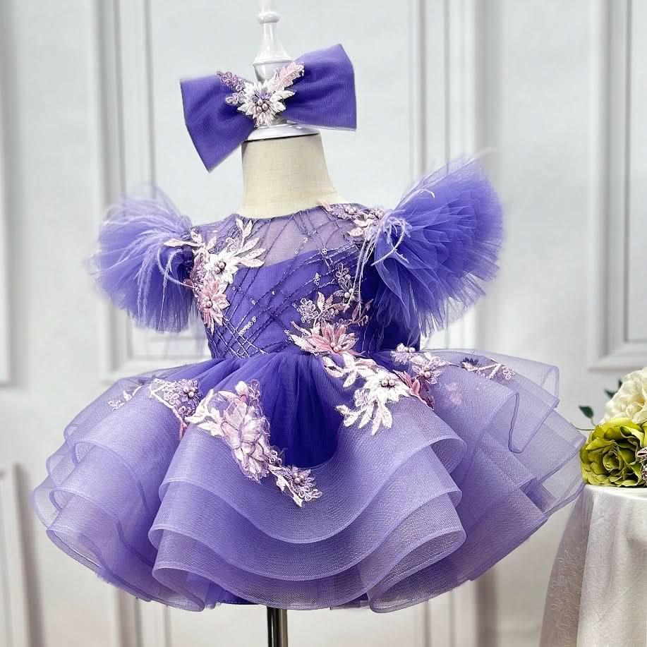 Girls Embroidered Flower Princess Dress Feather Sleeve Party Dress | KLFFIGID
