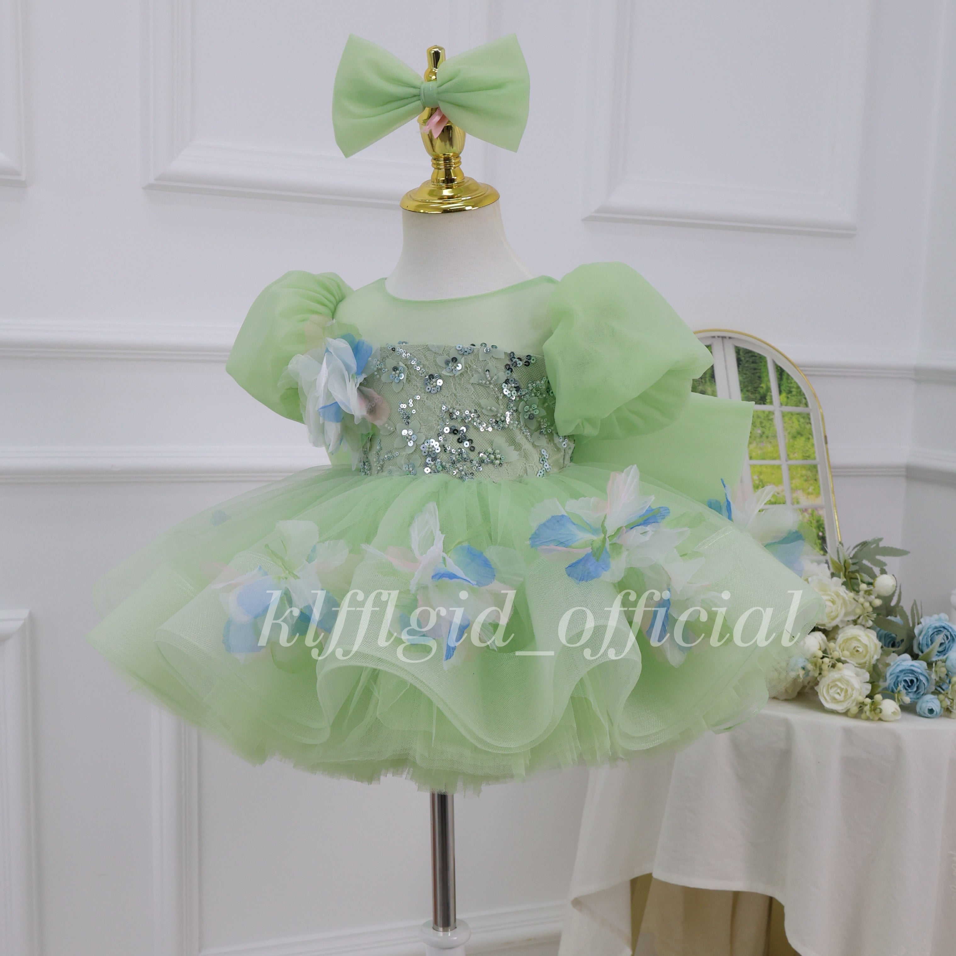 Floral Party Dress for Girls Green baby birthday dress | KLFFLGID