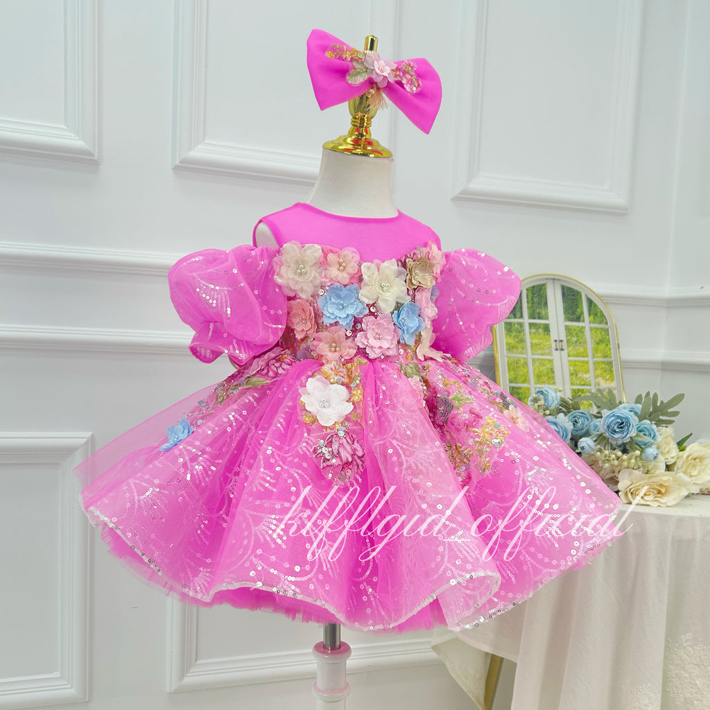 Hot Pink Sequin Puff Sleeve 3D Floral Tutu Dress | KLFFIGID