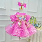 Hot Pink Sequin Puff Sleeve 3D Floral Tutu Dress | KLFFIGID