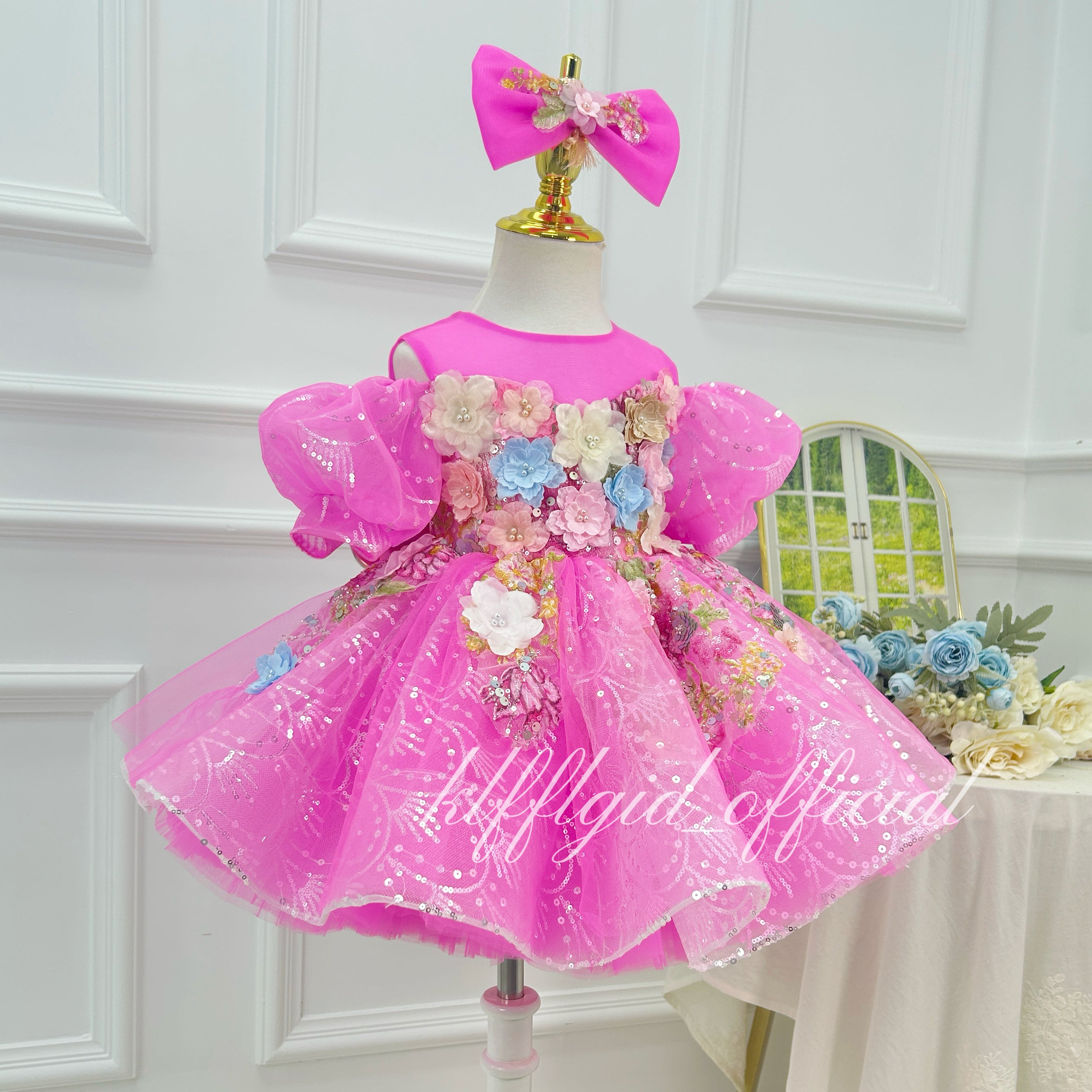 Hot Pink Sequin Puff Sleeve 3D Floral Tutu Dress | KLFFIGID