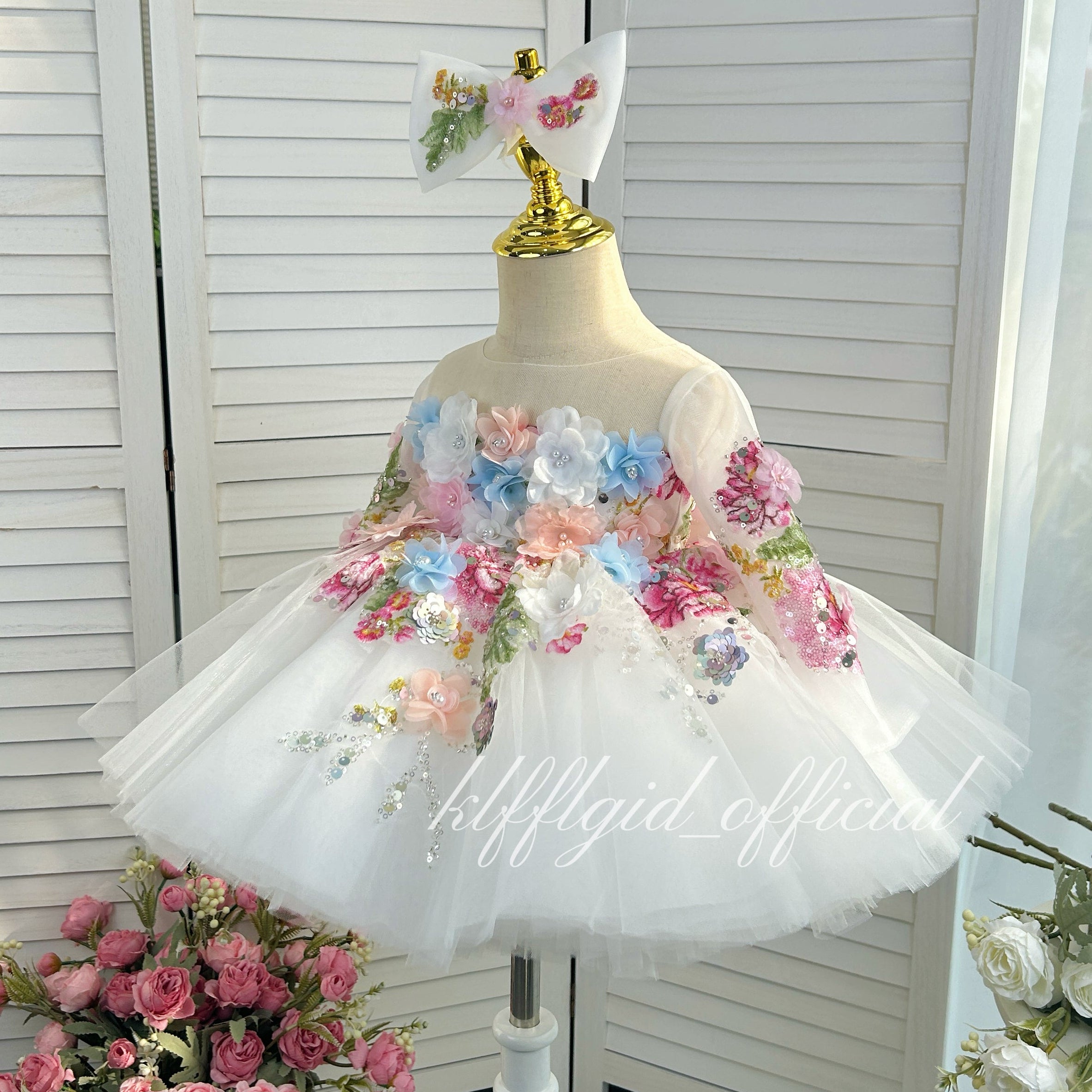 3D Floral Long-Sleeve Tulle Princess Dress for Flower Girls | KLFFIGID