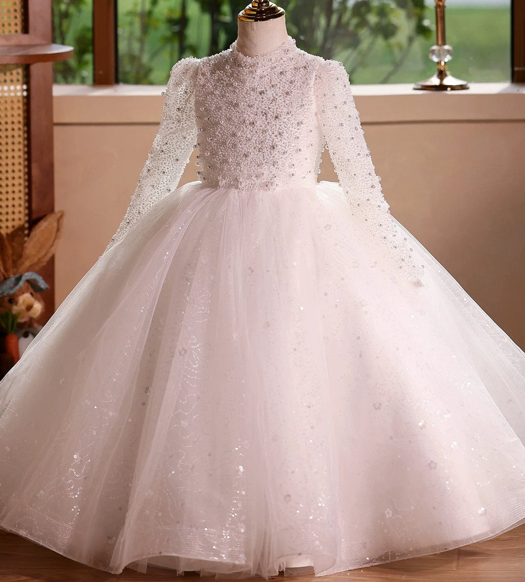 Girls elegant sequin party princess dress Long-sleeved dress, high-end elegant wedding white long dress, dress for teenage girls aged 3-12