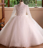 Girls elegant sequin party princess dress Long-sleeved dress, high-end elegant wedding white long dress, dress for teenage girls aged 3-12